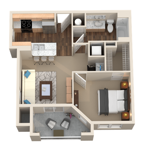 Floor plan for 1 bed, 1 bath, 649 sqft